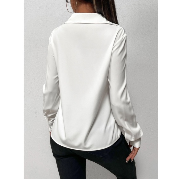 Twist Front White Office Shirt Long Sleeve Collar Neckline V-Neck - Picture 2 of 10